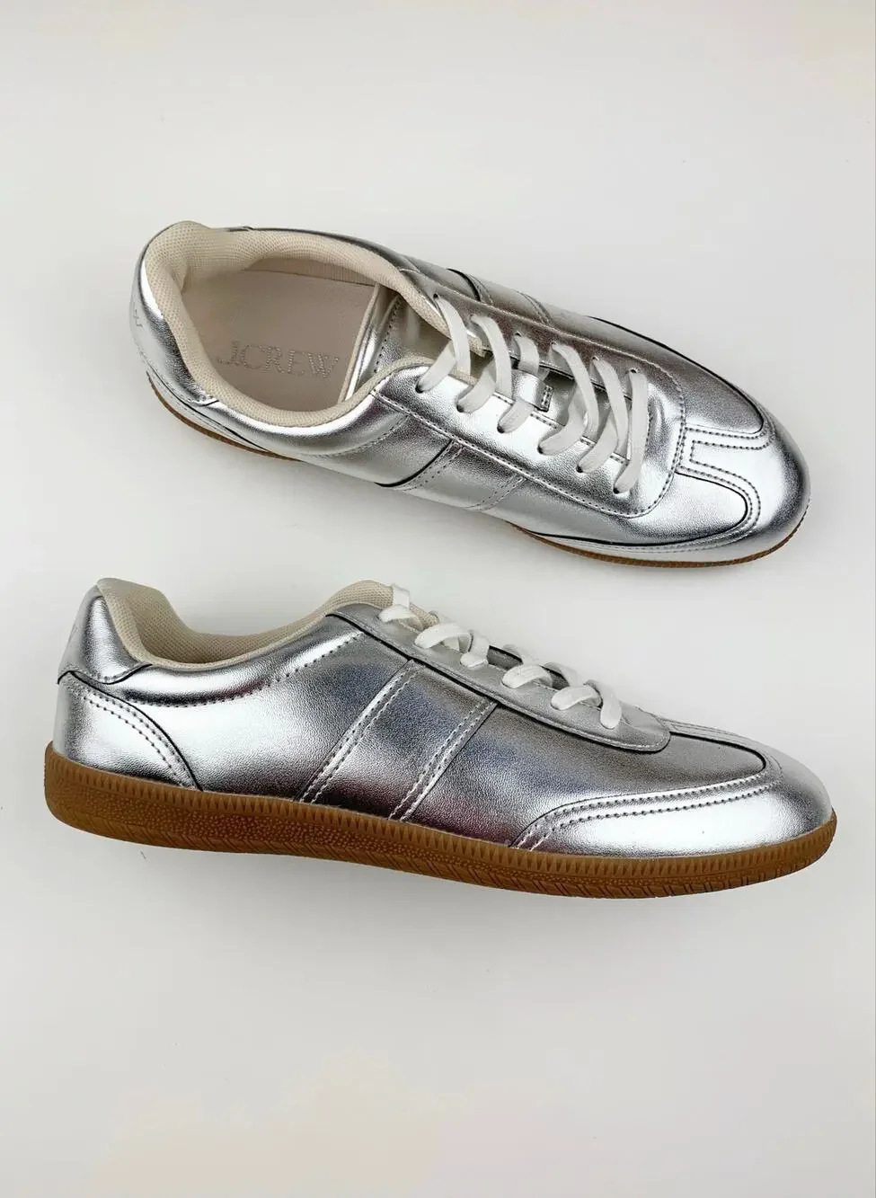 J Crew Field Sneakers Metallic Silver Faux Leather Women's 9 Extra Wide Casual